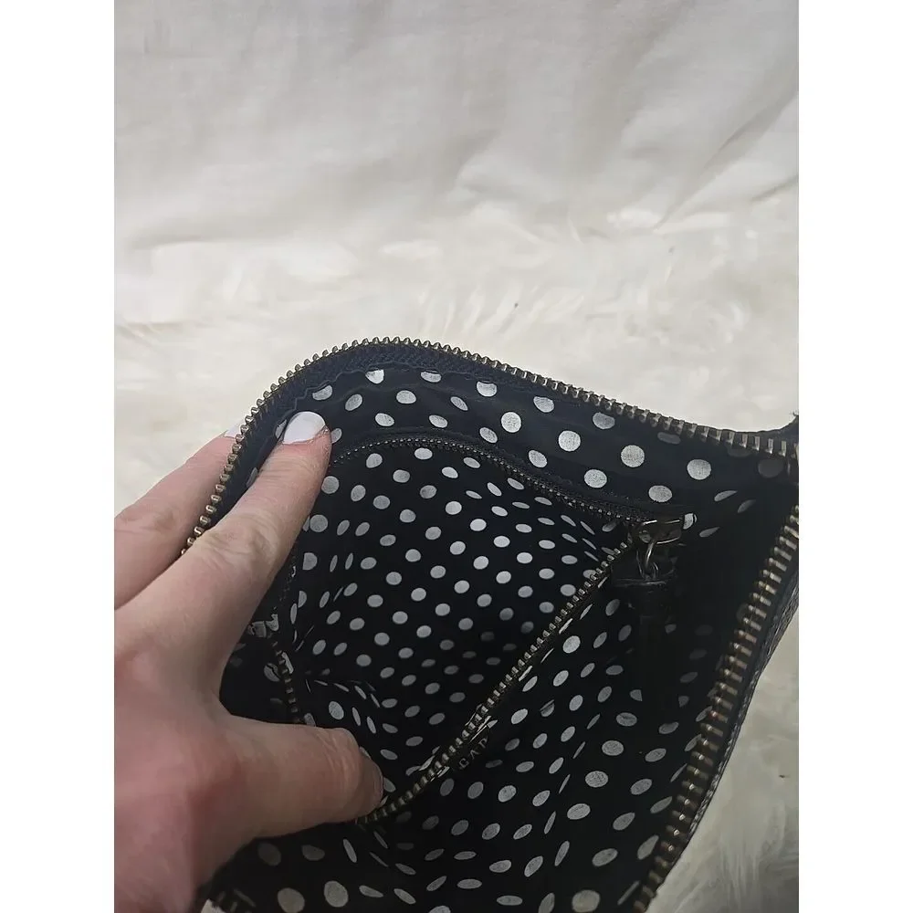 VTG GAP Black Wristlet‎ Pebble Cow Leather Polka Dot Lining Small Y2K